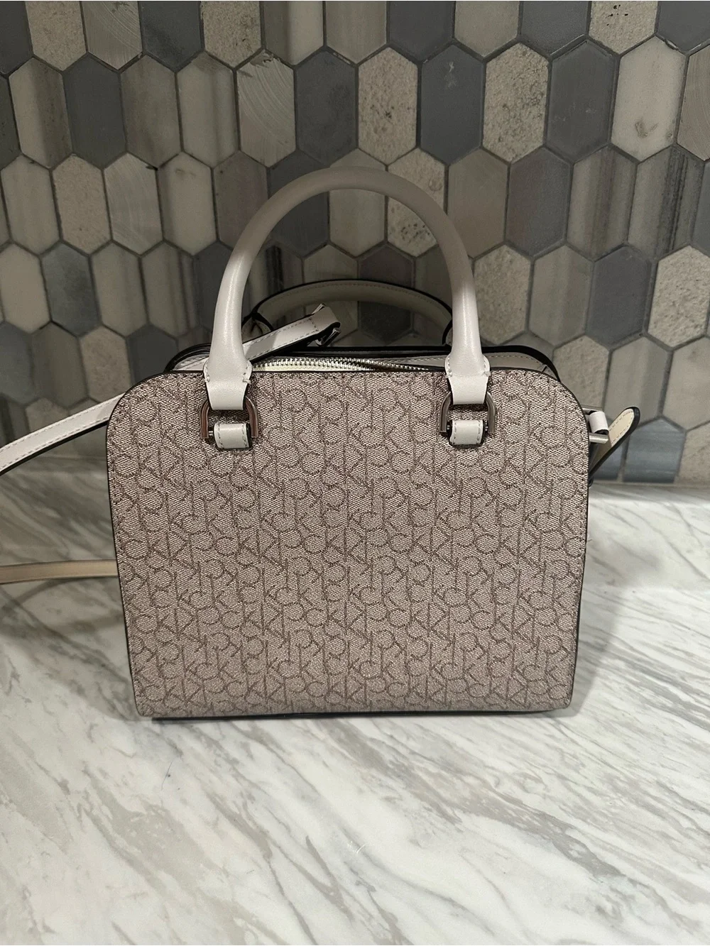 Calvin Klein Taupe/Beige Monogram Satchel with Adjustable Strap